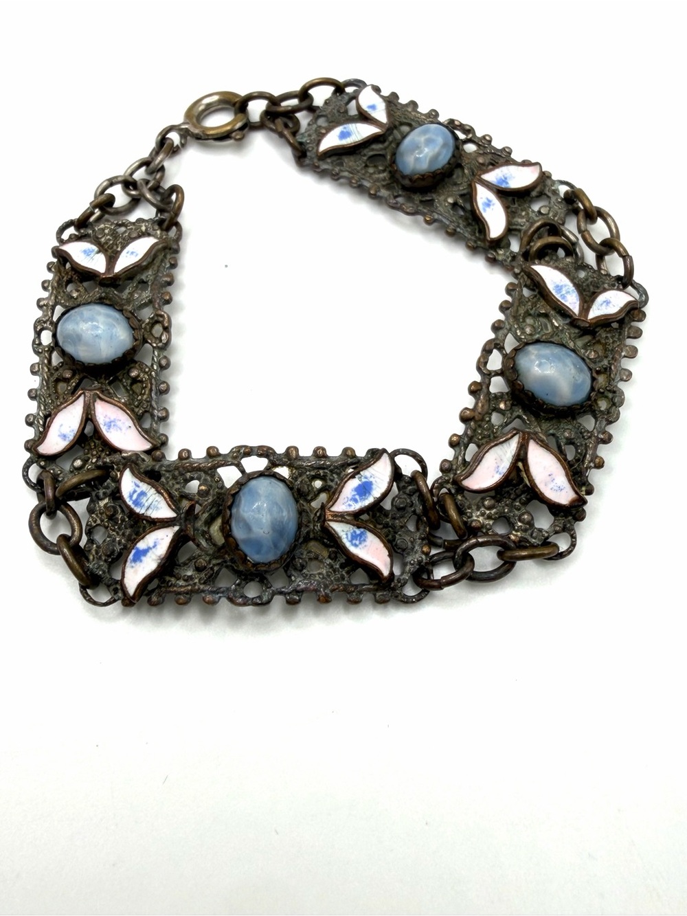 Vintage Silver Tone Enamel & Faux Stone Link Bracelet | Bohemian Folk Art 1970’s